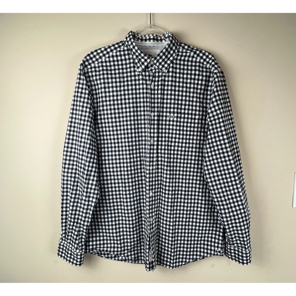 Lacoste Devanlay Navy White Gingham Button Down Shirt Men's 42 Preppy‎